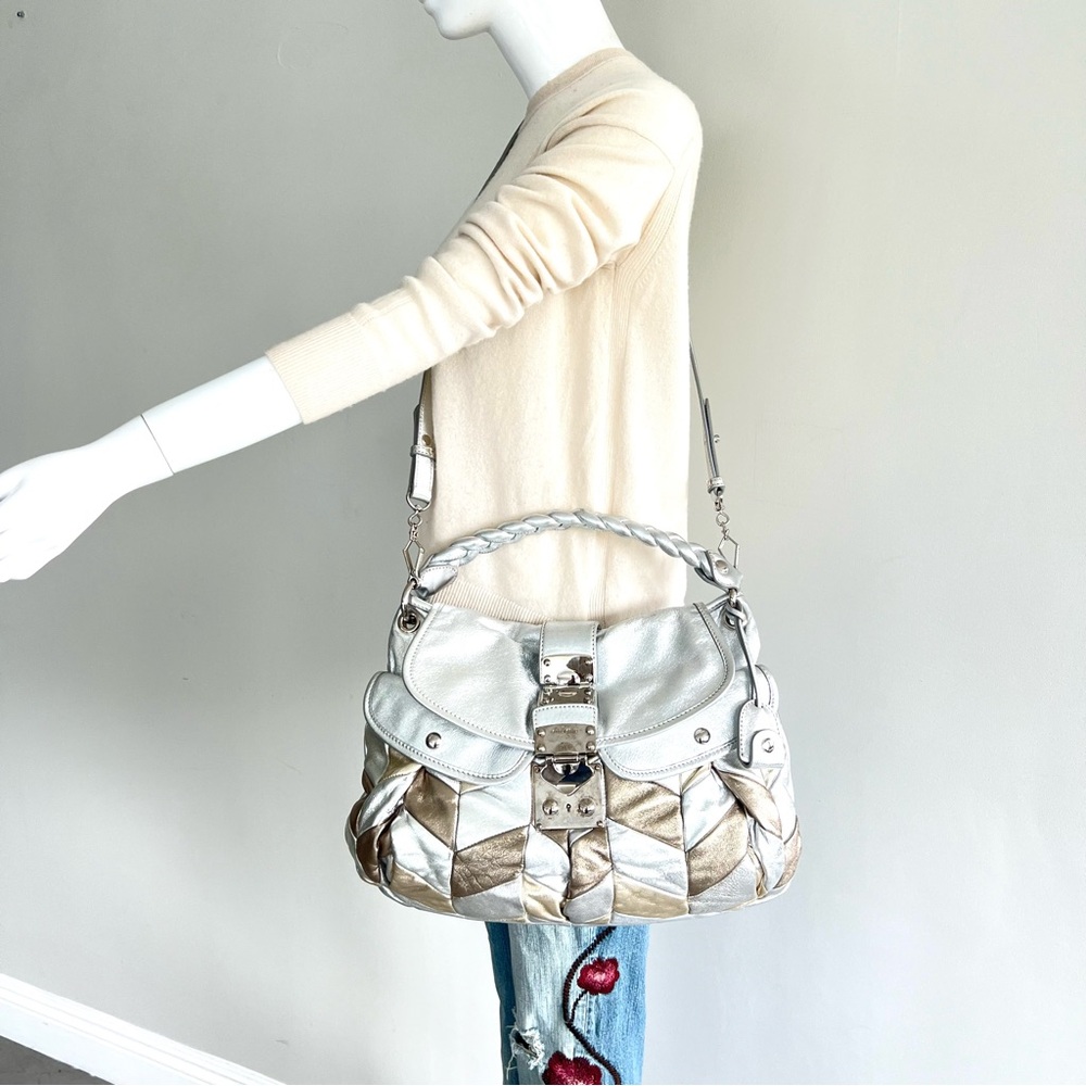 ♦️SOLD♦️MIU MIU Coffer Metallic Silver Gold Bronze Leather Patchwork Shoulder - Picture 3 of 16